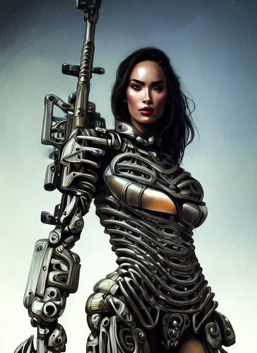 Image similar to portrait of a beautiful female soldier from the future wearing biomechanical armor, megan fox, carrying a rifle, intricate, elegant, glowing lights in armor, highly detailed, digital painting, artstation, glamor pose, concept art, smooth, sharp focus, illustration, epic angle, art by artgerm and greg rutkowski, artey freytag, alvin schwartz