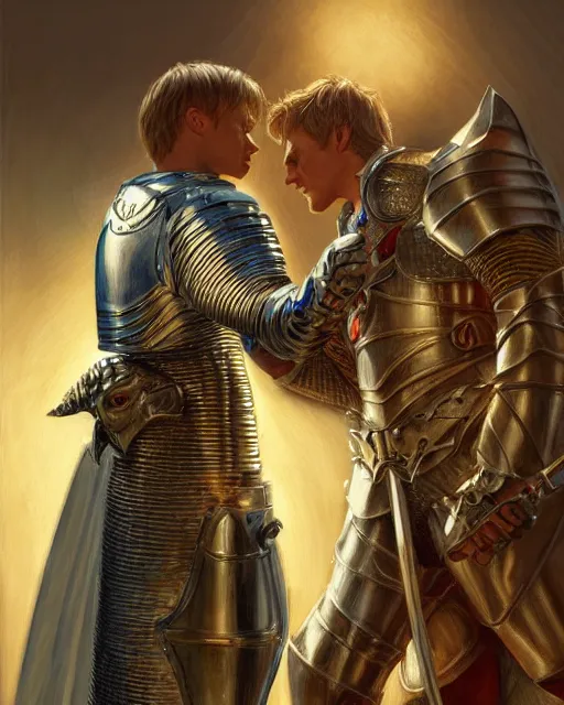 Image similar to attractive arthur pendragon confesses his love for his attractive male knight, highly detailed, very intricate, cinematic lighting, by donato giancola and rossdraws and magali villenueve, featured on artstation