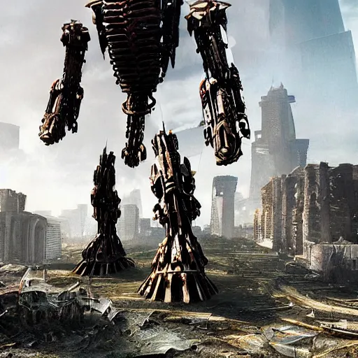 Image similar to a collosal mechanical creature towering over a ruined city , cinematic