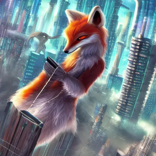 Image similar to an anthropomorphic fox with a fluffy tail staring over a futuristic city from the top of a roof, highly detailed, trending on furaffinity, cyberpunk, backlighting, cartoon