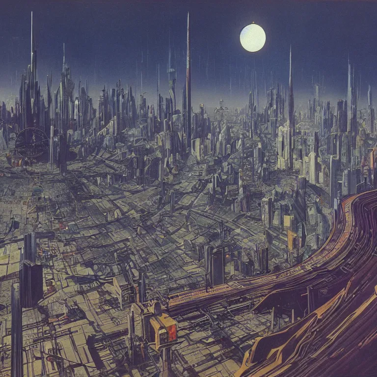 Prompt: painting of a sprawling dystopian cyberpunk science fiction exotic market city on the edge of a black hole designed by zaha hadid with neon advertising signs by francois schuiten and moebius and vilhelm hammershøi