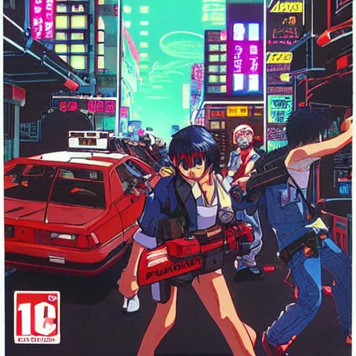 Prompt: 1993 Video Game Cover Art, Anime Neo-tokyo bank robbers vs police shootout, bags of money, Police Shot, Violent, Action, MP5S, FLCL, Highly Detailed, 8k :4 by Katsuhiro Otomo : 8