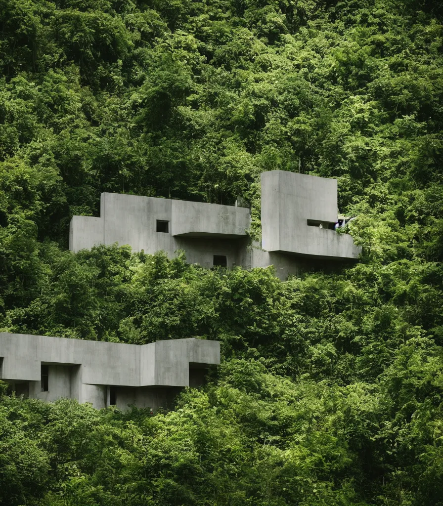 Image similar to a concrete house surrounded by rampant vine growth, in a clearing in the middle of a vine forest, dappled sunlight, 35mm photography, in the style of david chipperfield and gregory crewdson