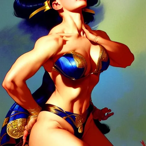 Image similar to of a Chun Li, dark fantasy, medium shot, intricate, elegant, highly detailed, digital painting, volumetric light, artstation, concept art, smooth, sharp focus, illustration, art by Gil Elvgren and Greg Manchess and Alphonse Mucha