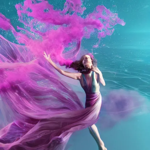 Image similar to woman dancing underwater wearing a flowing dress made of blue and magenta seaweed, delicate coral sea bottom, swirling silver fish, swirling smoke shapes, octane render, caustics lighting from above, cinematic