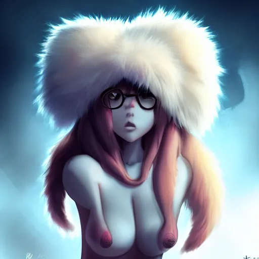 Image similar to cute furry girl with four arms, big fluffy ears, white fur and dark skin, dramatic lighting, cinematic, artstation, anime style