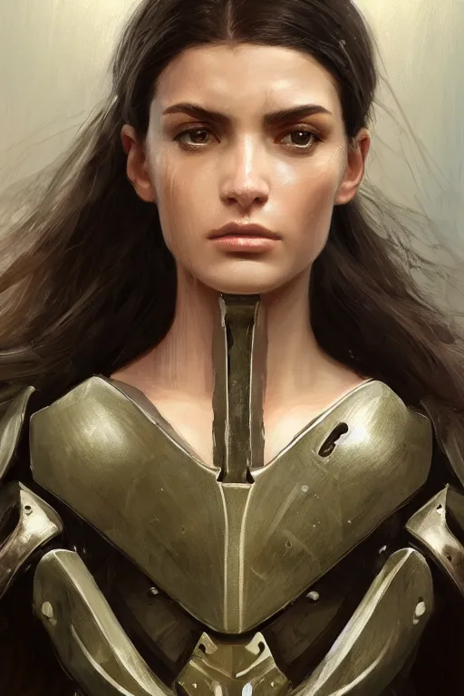 Image similar to a portrait of an attractive young woman, clothed in battle armor, olive skin, long dark hair, beautiful bone structure, symmetrical facial features, intricate, elegant, highly detailed, digital painting, trending on Artstation, concept art, smooth, sharp focus, illustration, from Metal Gear by Ruan Jia and Mandy Jurgens and Artgerm and greg rutkowski and william-adolphe bouguerea, award winning