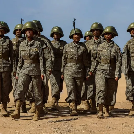 Image similar to a squad of futuristic soldiers led by a female soldier with brown skin and short hair