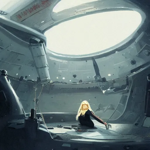 Prompt: concept art by greg rutkowski, a very tall, and slender woman with blond hair, sitting in the cockpit of a submarine, claustrophobic environment, dark lighting atmosphere, detailed portraits, uncanny and scary atmosphere, scifi, digital painting, artstation, concept art, smooth, sharp foccus ilustration, artstation hq