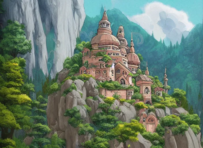 Image similar to view of a monastery on a forested mountain, in the style of studio ghibli, distant, detailed, artstation, award winning painting,