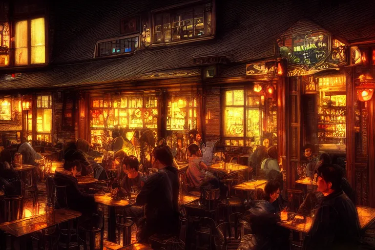 Prompt: an irish pub, digital art, sunset, beautiful lighting, by Yoshitaka Amano, happy atmosphere, trending on artstation