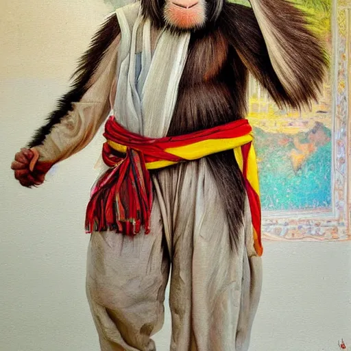 Image similar to beautiful painting by sophie anderson of a chimpanzee wearing traditional men kurdish clothes baggy pants and white shirt with a large sash tied around the waist in a kurdish village, award winning art, insanely detailed, bright colors, global illumination, cute, young, stunning