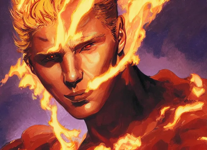 Image similar to a highly detailed beautiful portrait of johnny storm [ fantastic four ] [ human torch ], by gregory manchess, james gurney, james jean