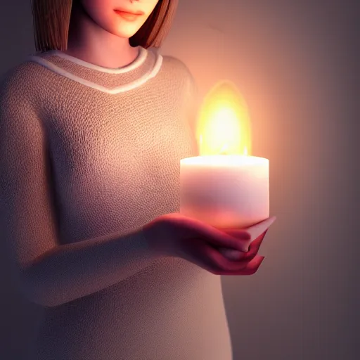 Prompt: A cute girl holding a glowing candle, fragile, soft, vray, hyperdetailed, 3d character, game character