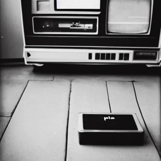 Prompt: vintage apple computer on floor in the middle of a large museum, black and white polaroid