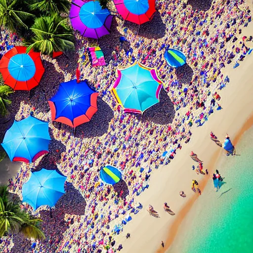 Image similar to photograph beachscapes from an almost perpendicular angle, Aerial view of sandy beach with umbrellas and sea, Aerial of a crowded sandy beach with colourful umbrellas, sun bathers and swimmers during summer, by Tommy Clarke