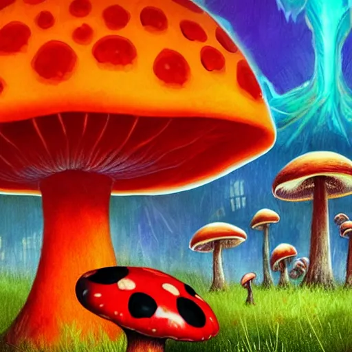 Prompt: 4 k headshot portrait of a psychedelic demonic anthropomorphic ladybug with mushroom themed clothes, magic mushroom village in background by jeff easley, award winning, stylized neon, post - processing, masterpiece, superb resolution. in the art style of junji ito and greg rutkowski. detailed mushroom city in background. hyper realistic anime. perfect art. dalle 2