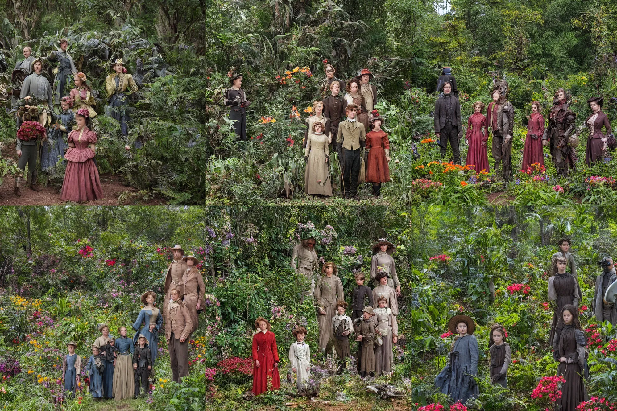 Prompt: sharp, highly detailed, 43456k film, 101800mm film still from a sci fi blockbuster color movie made in 2019, set in 1860, of a family standing in a park, next to some strange alien plants and flowers, on an alien planet, the family are all wearing 1860s era clothes, good lighting, ultra high definition, ultra enhanced faces, in focus faces, 35mm macro lens