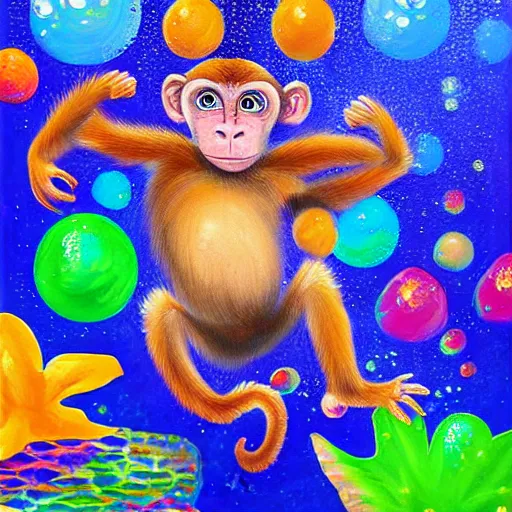 Image similar to excited young monkey underwater, sparkly, colorful, oil painting