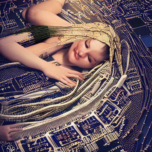 Image similar to tapping in to something greater, piles of modular synth cables, goddess laying down wearing a big headpiece made of circuit boards in a photo shoot for balenziaga, wlop, stanley kubrick, masamune, junji ito, unique perspective, eastman color, perfect details, trending on artstation, 3 d render, smooth render