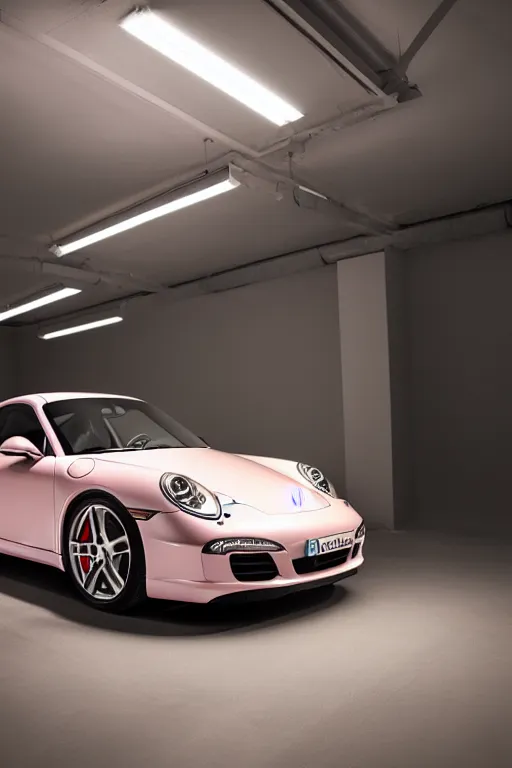 Image similar to Portrait of a light pink Porsche 911 Carrera 3.2 under a studio lamp in a dark room, photoshoot for vogue magazine.