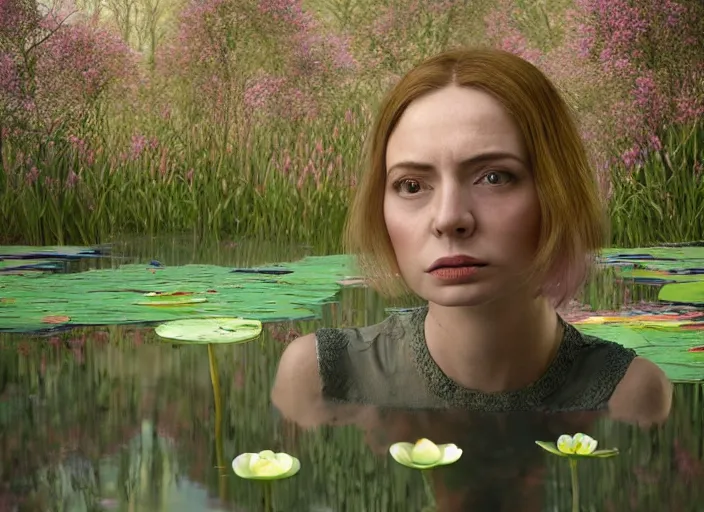 Prompt: cinematic mid shot of a high detail, woman's face looking off camera. fine facial features. she stands in an empty, pastel colourful 3 d, water lilly swamp, by jeffrey smart and gregory crewdson and edward hopper, inspired by the grand budapest hotel