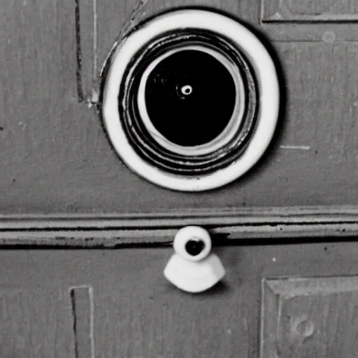 Prompt: hotel door eye hole creepy vintage 8 mm film