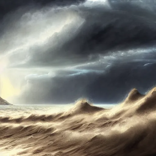 Prompt: giant from dune sandworm coming out of a stormy sea, lightning, highly detailed, beautiful light, epic, digital art, oil painting, award winning, fantasy artbook, 4 k