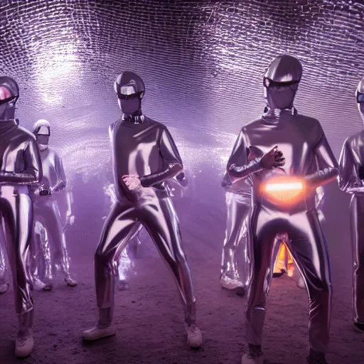 Prompt: unsplash contest winning photo, a giant crowd of men in full - body shiny reflective iridescent silver latex suits including masks and pants and shirts, inside a colorful dramatic unique rocky western landscape, low fog, neon light tube