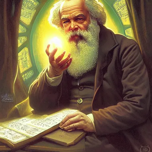 Prompt: Karl Marx pondering his orb, highly detailed, digital painting, artstation, concept art, smooth, sharp focus, illustration, art by todd lockwood and magalie villeneuve and alan lee and artgerm and greg rutkowski and alphonse mucha