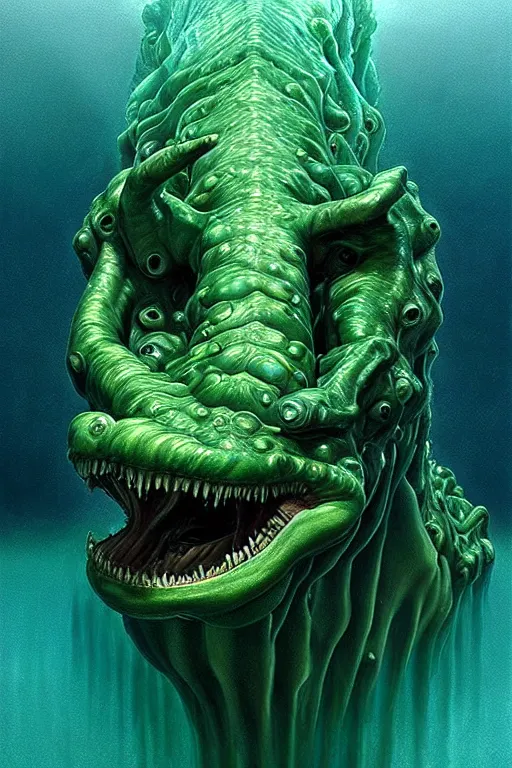 Image similar to hyperrealistic close-up surrealism underwater chimera monster!!! highly detailed concept art eric zener elson peter cinematic hard green lighting high angle hd 8k sharp shallow depth of field, inspired by David Paul Cronenberg and Zdzisław Beksiński