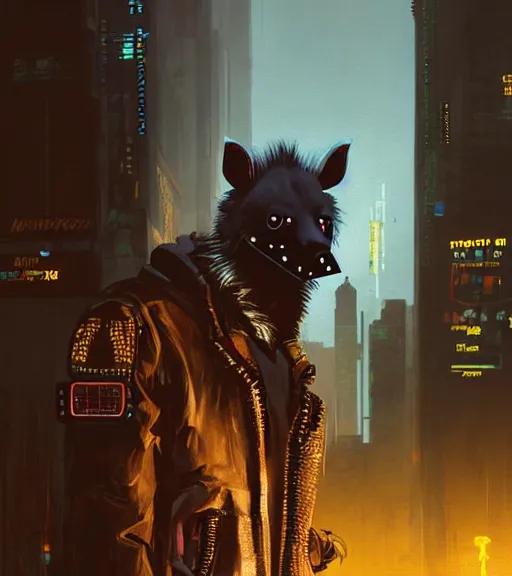 Image similar to new york city portrait icon of furry anthro anthropomorphic spotted hyena head animal person fursona wearing clothes strange cybernetic cyborg muzzle gloomy rainy screenshot from the video game cyberpunk 2077 digital art by Greg Rutkowski, Simon Stalenhag, christopher nolan trending on Artstation, CGSociety