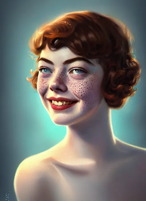 Prompt: portrait of teenage emma stone, freckles, curly middle part haircut, curly hair, smiling kindly, friendly, 1 9 5 0 s, intricate, elegant, glowing lights, highly detailed, digital painting, artstation, concept art, smooth, sharp focus, illustration, art by wlop, mars ravelo and greg rutkowski