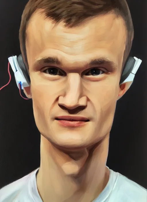 Image similar to vitalik buterin in headphones. vitalik buterin, close up, perfect symmetric face, coherent eyes, cute happy face, fine details., 4 k, hans zatska, oil paint