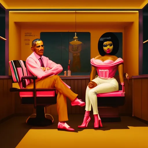 Image similar to illustration of nicki minaj sitting next to barack obama in a 6 0's vintage barbershop. symmetry, cinematic scene. ambient lighting, brownish colors, hyper detailed. octane render. concept art. trending on artstation.