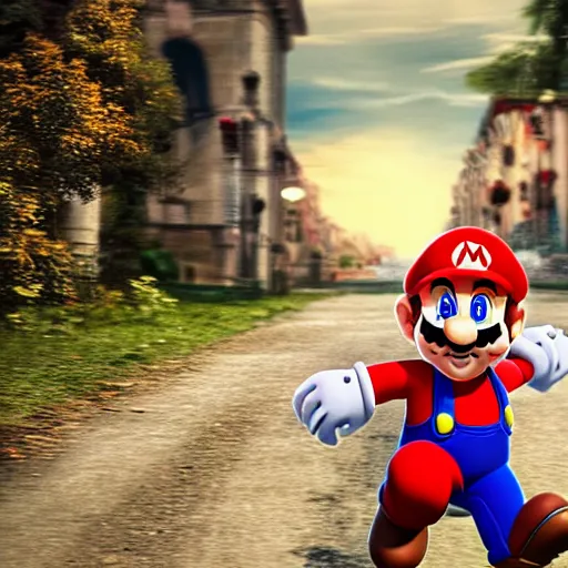 Image similar to Mario running away from his child who is the most ugly baby , highly detailed, lifelike, photorealistic, sharp focus, intricate details, A24!film cinematography, unreal engine, cinematic, hyper realism, high detail ,