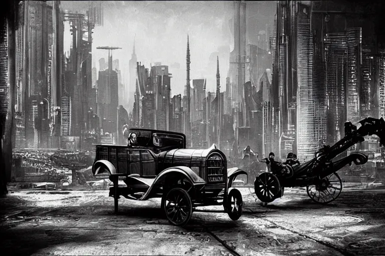 Image similar to cyberpunk 1 9 0 8 model ford t by paul lehr, metropolis, parked by view over city, vintage film photo, robotic, black and white photo