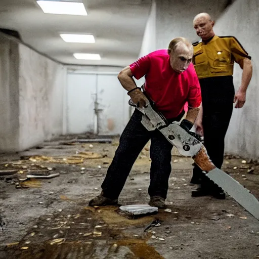 Prompt: putin with a chainsaw and a corpse. in a concrete bunker. focus on putins face with blood splatters. canon eos r 3, f / 1. 4, iso 1 6 0 0, 1 / 8 0 s, 8 k, raw, grainy