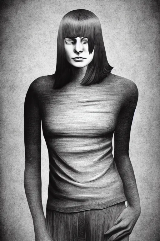 Image similar to portrait of a girl in long pants and a top, hands in pockets, eyes closed, bob haircut, digital art, black and white, illustration by giger