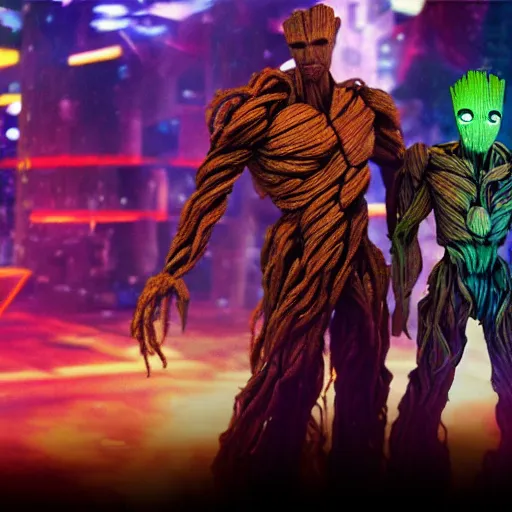 Image similar to groot and optimus prime dancing at techno party among people, wide shoot, after effect, ultra realistic