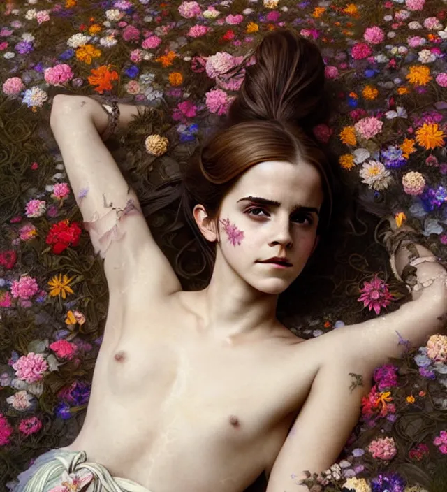 Image similar to emma watson baroque portrait of one steampunk bohemian geisha woman of porceline skin lying down in a river made of thousand of flowers, cinematic lighting, photorealistic, octane render, 8 k, depth of field, art by artgerm and greg rutkowski and alphonse mucha and uang guangjian