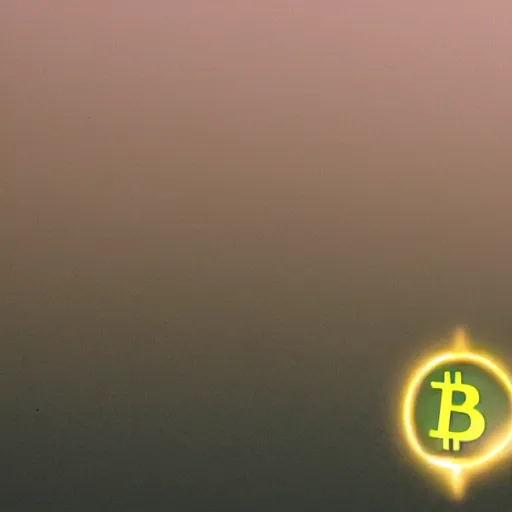 Image similar to The bitcoin signal shines into the clouds over new york city on a dark, foggy night, photo realistic