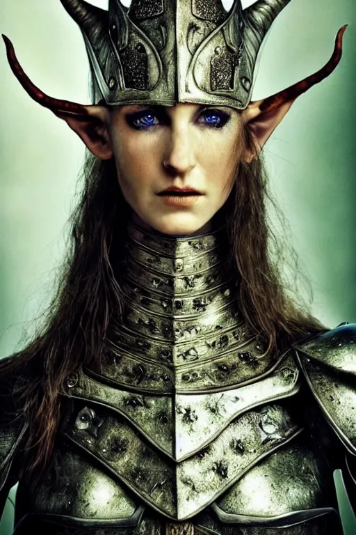 Image similar to head and shoulders portrait of an eldritch knight, elf, beautiful, female, breastplate, magical, high fantasy, d & d, by annie liebovitz, face details, extremely detailed, vogue fashion photo