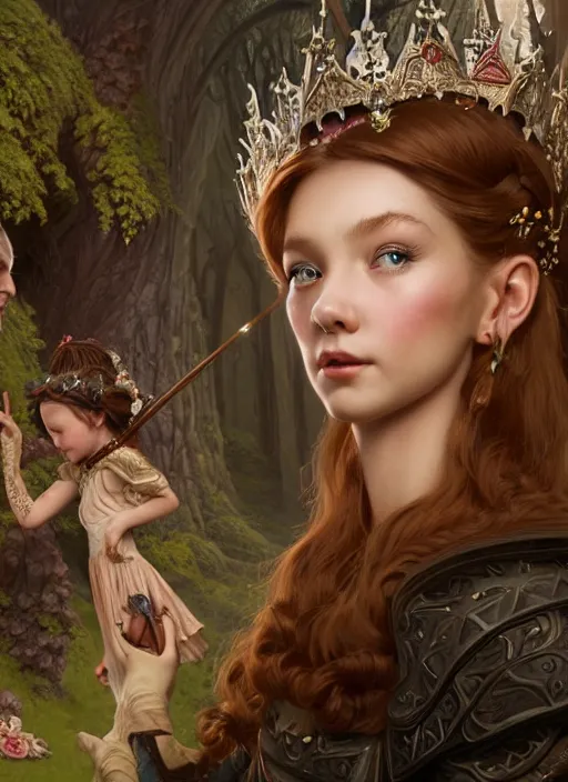 Prompt: highly detailed closeup portrait of a fairytale princess with a medieval goblin, stephen bliss, unreal engine, greg rutkowski, ilya kuvshinov, ross draws, hyung tae and frank frazetta, tom bagshaw, tom whalen, nicoletta ceccoli, mark ryden, earl norem, global illumination, god rays, detailed and intricate environment