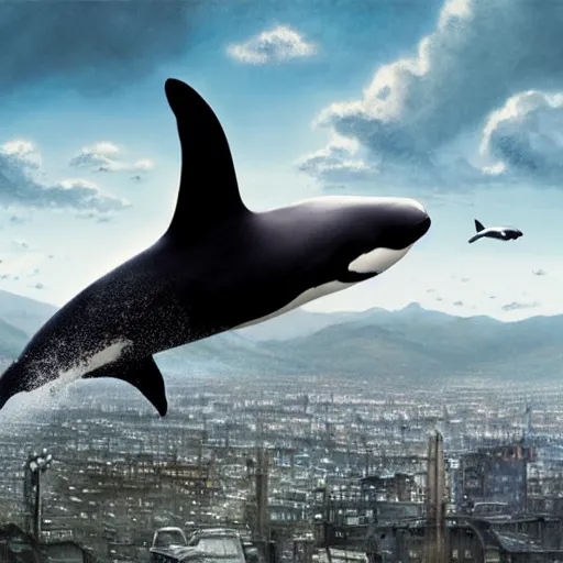 Prompt: giant killer whale flies above the city, photo realistic, highly detailed, 4 k, greg rutkowski