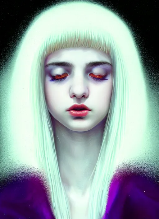 Image similar to hair whitebangs hair, black hair, whitebangs, portrait of teenage girl with white bangs, red irises, purple clothes, white bangs, bangs are different color from hair, intricate, elegant, glowing lights, highly detailed, digital painting, artstation, concept art, smooth, sharp focus, illustration, art by wlop, mars ravelo and greg rutkowski