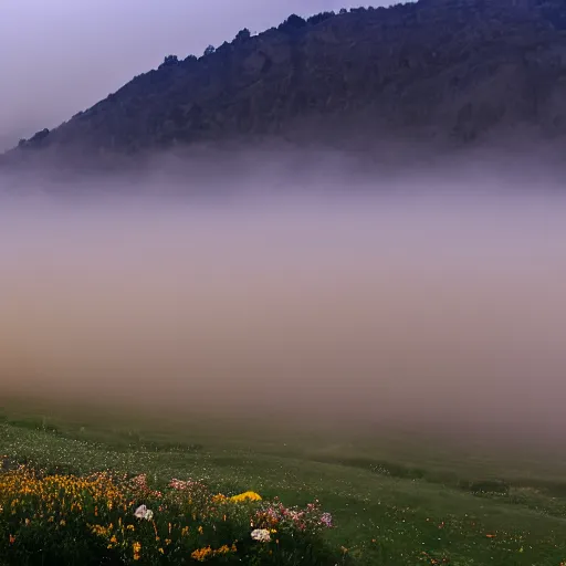 Prompt: a symmetrical a photo of the valley of the moon, bio illuminance flowers, fog rolling in, symmetrical