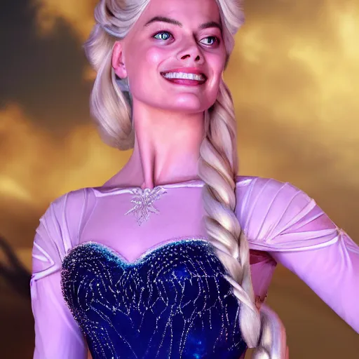 Image similar to Margot Robbie as Elsa in disney frozen live action, 8k full HD photo, cinematic lighting, anatomically correct, oscar award winning, action filled, correct eye placement,