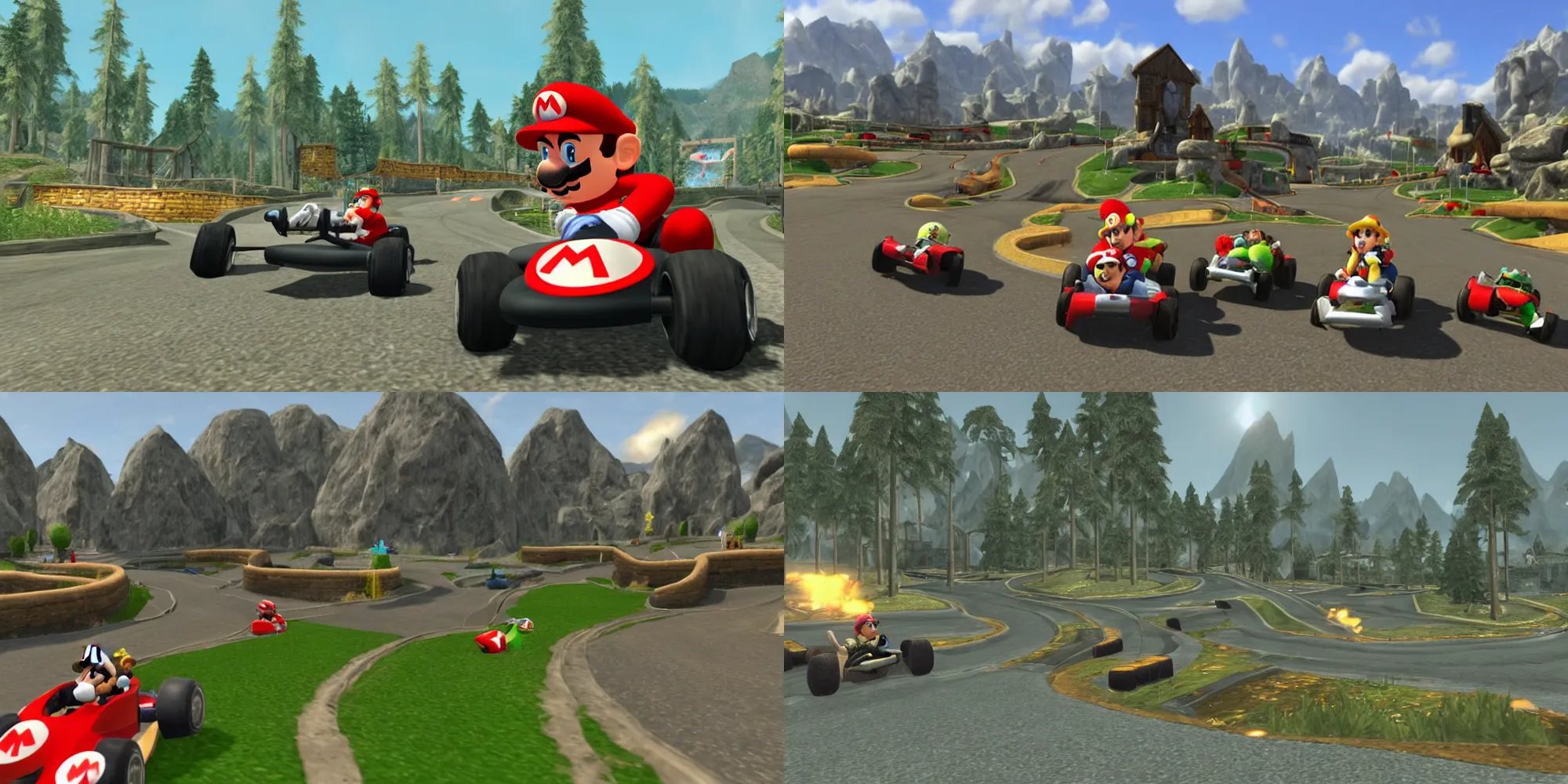 Prompt: mario driving through a mario kart course set in skyrim, a race track through whiterun