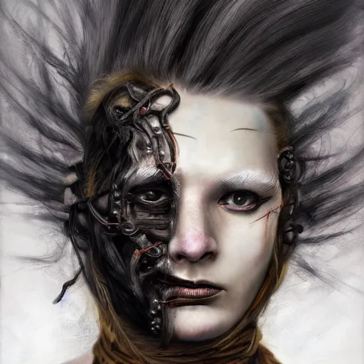 Image similar to portrait of a Shibari rope wrapped face and neck, headshot, insanely nice professional hair style, dramatic hair color, face paint half and half, digital painting, of a old 15th century, old cyborg merchant, amber jewels, baroque, ornate clothing, scifi, realistic, hyperdetailed, chiaroscuro, concept art, art by Franz Hals and Jon Foster and Ayami Kojima and Amano and Karol Bak,